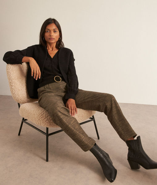 Picture of FLYNN BEIGE PRINCE OF WALES CHECK CARROT CUT TROUSERS